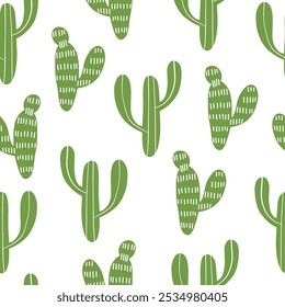 Seamless pattern with hand drawn cactus for your fabric, summer background, wallpaper, backdrop, textile. Vector illustration	