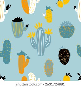 Seamless pattern with hand drawn cactus. Cute colorful print. Vector illustration.