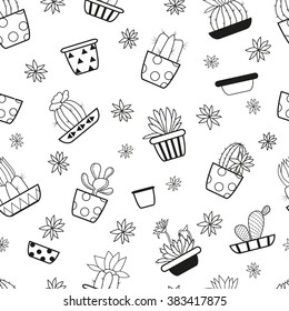 Seamless pattern with hand drawn cactus in a pots. Line drawing. Vector illustration of a cactus isolated on a white background. Ink illustration.