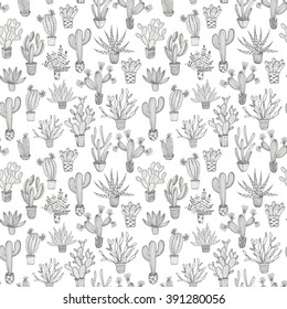 Seamless pattern with hand drawn cactus in a pot. Hand drawn ornament for wrapping paper. Cacti ornament. Hand drawn isolated elements. Ink illustration. 