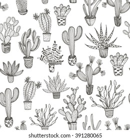 Seamless pattern with hand drawn cactus in a pot. Hand drawn ornament for wrapping paper. Outlines elements. Ink illustration. Collection of cacti.