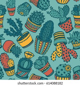 Seamless pattern with hand drawn cactus in sketch style. Beautiful colorful nature vector endless background.