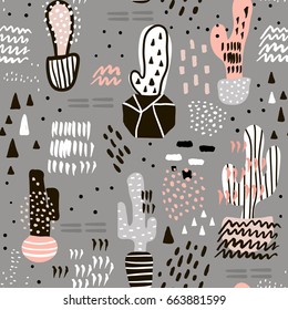 Seamless pattern with hand drawn cactus. Hand drawn texture and shapes made with brush. Great for fabric, textile Vector Illustration