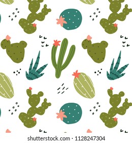 Seamless pattern with hand drawn cactuses different forms. Creative texture. Great for fabric, textile, wrapping paper and cards. Vector Illustration