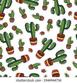 Seamless pattern with hand drawn cactuses for prints, wrapping papers, textile and fabric, wallpaper, backgrounds, etc. Cinco de Mayo, mexican theme. EPS 10
