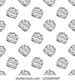 Seamless pattern hand drawn cake doodle. Sketch style icon. Decoration element. Isolated on white background. Flat design. Vector illustration.