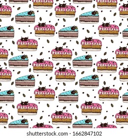 Seamless pattern with hand drawn cake with cherries on a white background. Doodle, simple outline illustration. It can be used for decoration of textile, paper and other surfaces.