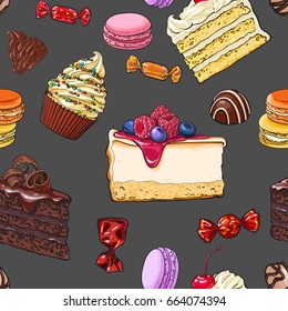 Seamless pattern of hand drawn cakes, candies, macaroons, cupcakes, sketch vector illustration. Seamless pattern, backdrop, background, wrapping paper, textile design with various sweets and desserts