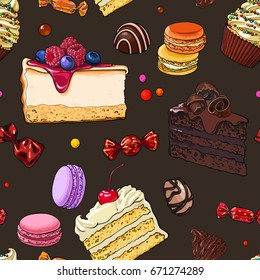 Seamless pattern of hand drawn cakes, candies, macaroons, cupcakes, sketch vector illustration. Seamless pattern, backdrop, background, wrapping paper, textile design with various sweets and desserts