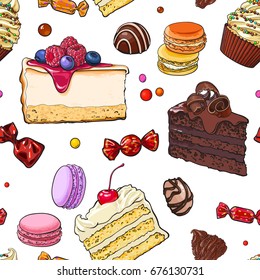 Seamless pattern of hand drawn cakes, candies, macaroons, cupcakes, sketch vector illustration. Seamless pattern, backdrop, background, wrapping paper, textile design with various sweets and desserts