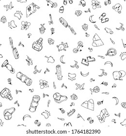 Seamless pattern of hand drawn camping doodles. Line icons