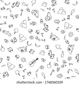 Seamless pattern of hand drawn camping doodles. Line icons