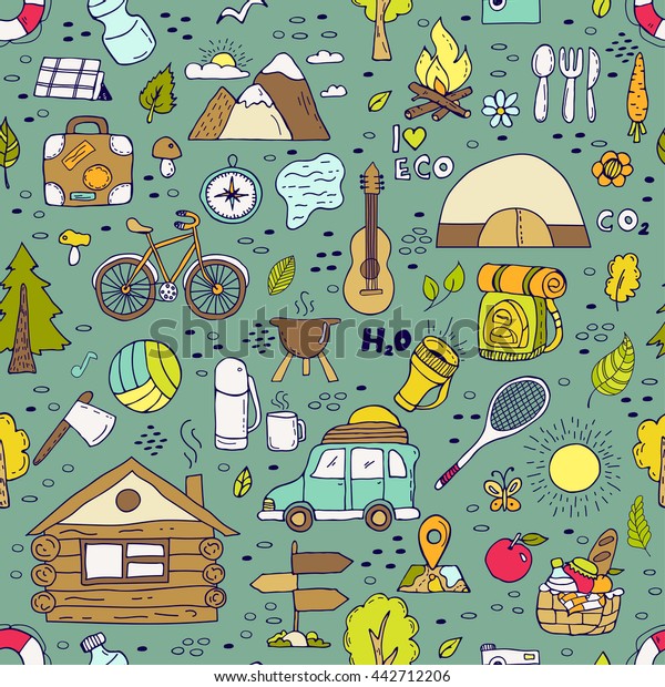 Seamless pattern of hand drawn camping\
equipment symbols. Eco travel element. Hand drawing doodles.\
Vacation design vector\
illustration.