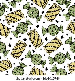 Seamless pattern with hand drawn candies, caramel on a white background. Doodle, simple outline illustration. It can be used for decoration of textile, paper and other surfaces.