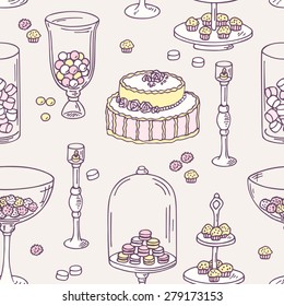 Seamless pattern with hand drawn candy bar objects. Sweet shop background. Vector illustration in shabby chic style