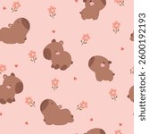 Seamless pattern with hand drawn capybara and flowers . Hand drawn animals and flowers.	
