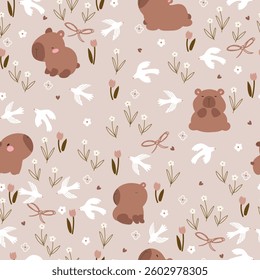 Seamless pattern with hand drawn capybara, birds and flowers . Hand drawn animals and flowers.	
