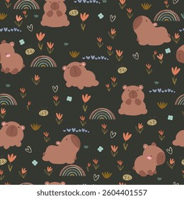 Seamless pattern with hand drawn capybara, rainbows, bees and flowers on dark background . Hand drawn animals and flowers.	
