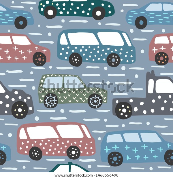 Seamless pattern with hand drawn car. Doodle cars vector\
illustration. Design for fabric, textile print, wrapping paper,\
children textile. 