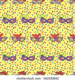 Seamless pattern with hand drawn carnaval masks on light yellow background with colorful papers. Pattern for Mardi Gras, carnaval or masquerade.