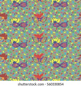 Seamless pattern with hand drawn carnaval masks on turquoise background with colorful papers. Pattern for Mardi Gras, carnaval or masquerade.