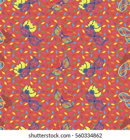 Seamless pattern with hand drawn carnaval masks on light red background with colorful papers. Pattern for Mardi Gras, carnaval or masquerade.