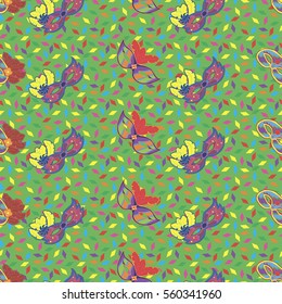 Seamless pattern with hand drawn carnaval masks on light green background with colorful papers. Pattern for Mardi Gras, carnaval or masquerade.