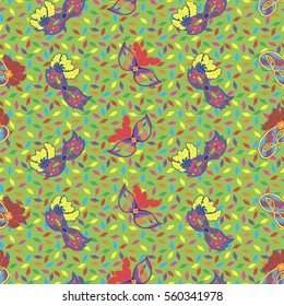 Seamless pattern with hand drawn carnaval masks on bright green background with colorful papers. Pattern for Mardi Gras, carnaval or masquerade.