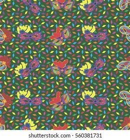 Seamless pattern with hand drawn carnaval masks on dark green background with colorful papers. Pattern for Mardi Gras, carnaval or masquerade.