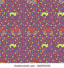 Seamless pattern with hand drawn carnaval masks on dark lilac background with colorful papers. Pattern for Mardi Gras, carnaval or masquerade.