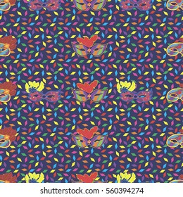 Seamless pattern with hand drawn carnaval masks on dark blue background with colorful papers. Pattern for Mardi Gras, carnaval or masquerade.