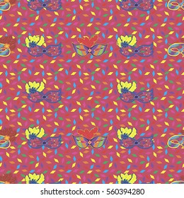 Seamless pattern with hand drawn carnaval masks on dark pink background with colorful papers. Pattern for Mardi Gras, carnaval or masquerade.