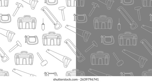 Seamless pattern with hand drawn carpentry tools including hand saws, toolboxes, hammers, mallets, clamps, and plumb bobs. Black outline vector illustration ideal for fabric, textile, coloring book