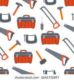 Seamless pattern with hand drawn carpentry tools including hand saws, toolboxes, hammers, mallets, clamps, and plumb bobs. Hand drawn flat style illustration for for textile prints, repairing projects
