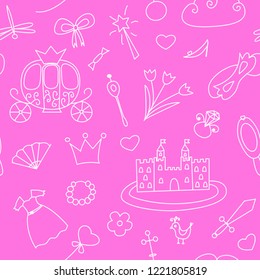 Seamless pattern with hand drawn carriage, castle, fairy, magic wand, crown, hat, flowers, dress, ring, butterfly, bird, mask and other. Vector illustration in doodle style on pink background