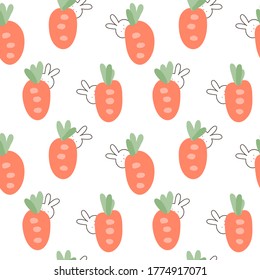 Seamless Pattern with Hand Drawn Carrot and Cartoon Rabbit Face Design on White Background