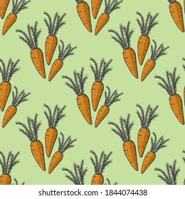 Seamless pattern with hand drawn carrot. Light background for your kitchen. Vegetable background. Organic food. Vector illustration.