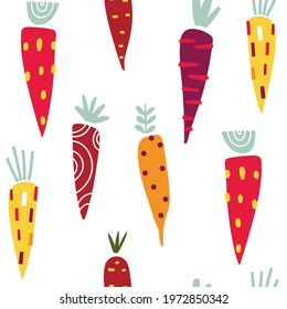 Seamless pattern with hand drawn carrots on white. Easter carrot pattern. Vector illustration