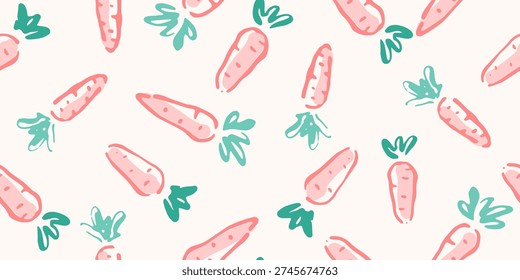 Seamless pattern with hand drawn carrots. Endless repeat background with red and green sketched carrots. 