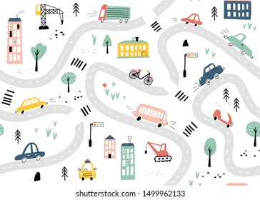 Seamless pattern with hand drawn cars and road. Cartoon background for Kids. Vector illustrations