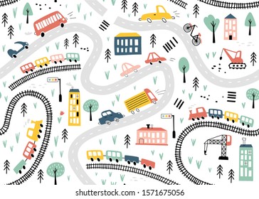Seamless pattern with hand drawn cars, trains and road. Cartoon background for Kids. Vector illustrations