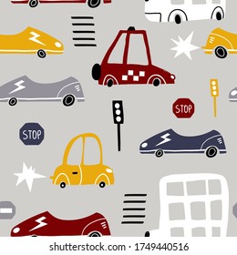 Seamless pattern with hand drawn cars. Cartoon cars, road sign,zebra crossing vector illustration.Perfect for kids fabric,textile,nursery wallpaper