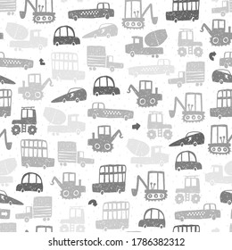 Seamless pattern with hand drawn cars. Creative childish texture for fabric, wrapping, textile, wallpaper, apparel. Vector illustration. Grey background.