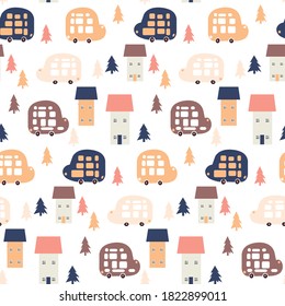 
Seamless pattern with hand drawn cars and houses. Cartoon background for children. Vector illustration