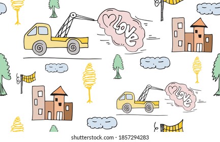 Seamless pattern with hand drawn cars and road.for kids fabric,wrapping, textile, nursery wallpaper.Scandinavian style.