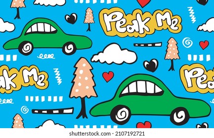 Seamless pattern with hand drawn cars, cloud,heart and tree.for kids fabric,wrapping, textile, nursery wallpaper.Scandinavian style.
