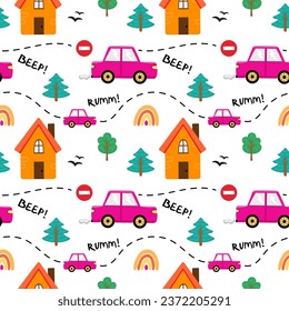 Seamless pattern with hand drawn cars and houses. Cartoon background for Kids. Vector illustrations. Kids wallpaper design. Baby room design, wall decor, mural.