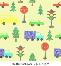 Patrón sin fisuras con coches dibujados a mano sobre fondo amarillo en estilo naive de los niños.