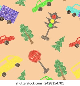 Seamless pattern with hand drawn cars on beige background in childrens naive style.