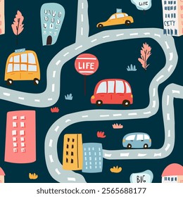 Seamless pattern with hand drawn cars, city and road. Cartoon background for Kids. Vector illustrations